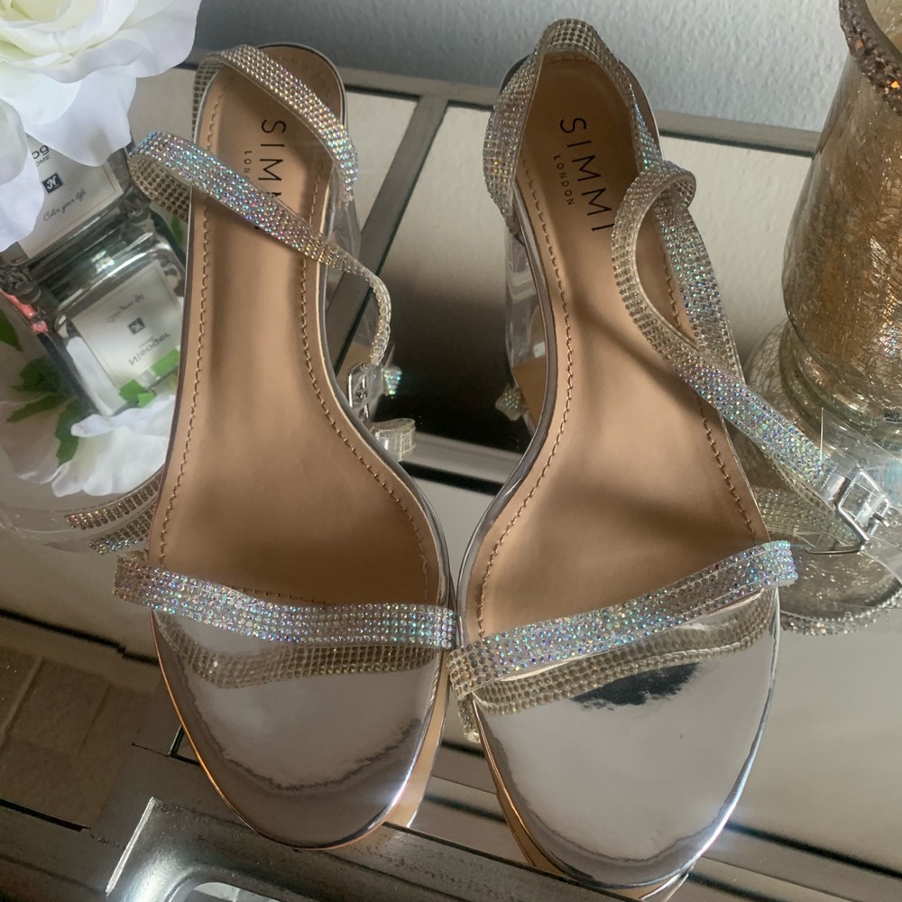 Silver/clear mid-heel blocked sandals. US size 10